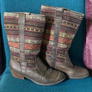 Steve Madden Brown Faux-Leather Mid-Calf Boots with Multicolor Woven Shaft
